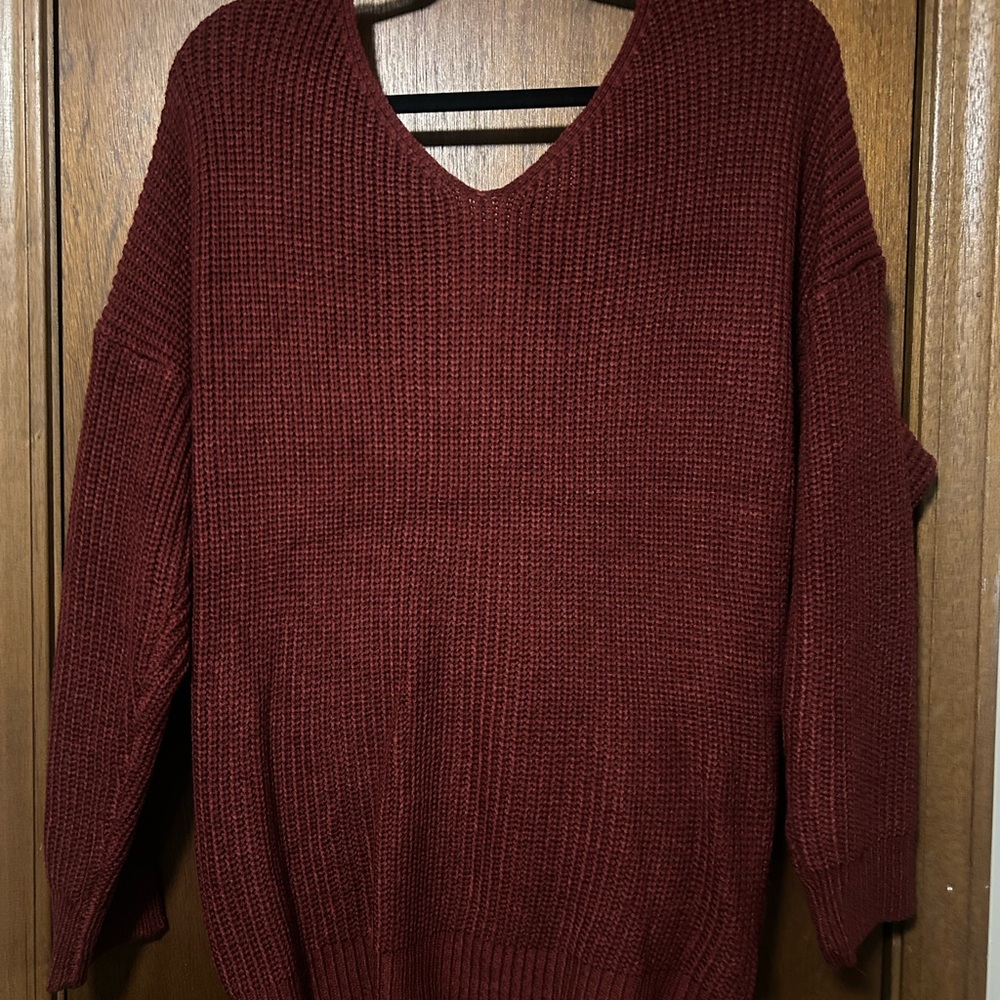 Deep Red V-Neck Sweater with criss cross pearl detail back